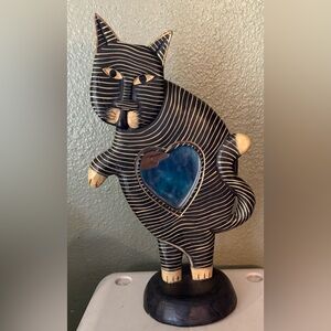 Pier 1 Folk Art wooden Cat, black and gold with a heart shaped mirror